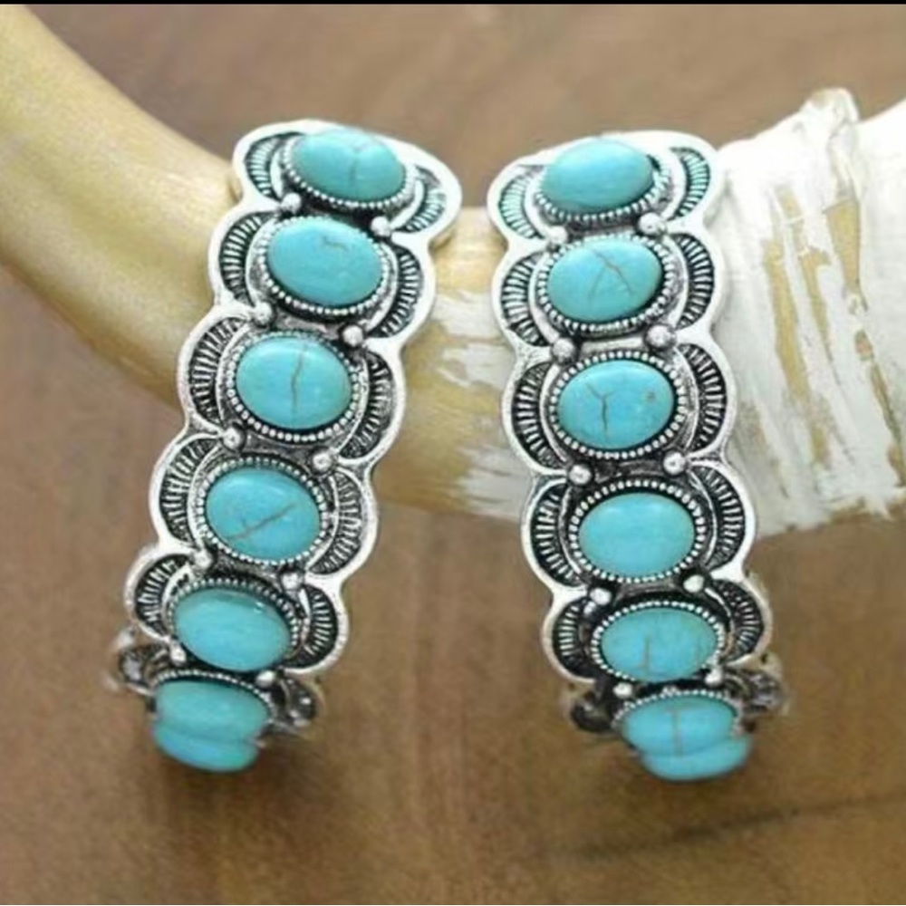large boho turquoise design hoop earrings - Picture 3 of 3